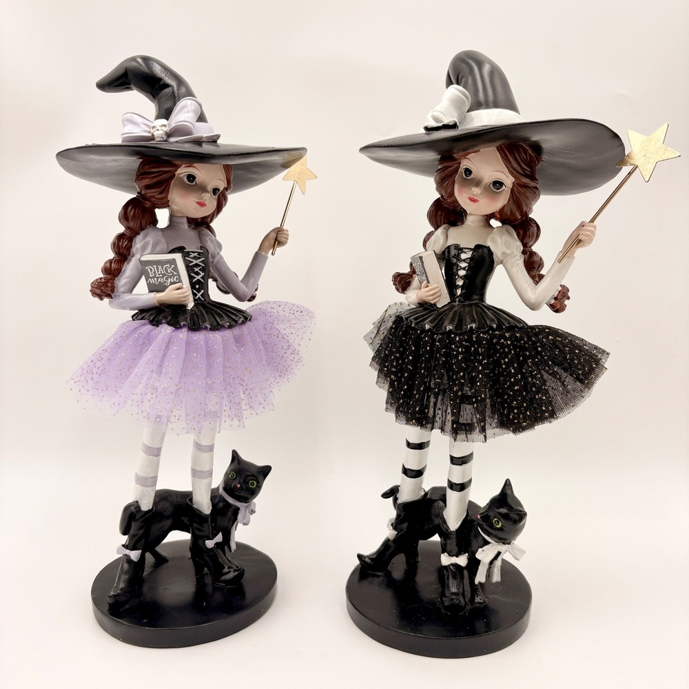 Set of 2 Whimsical Witch Figurines with Black Cats Halloween Decor Magic Wand